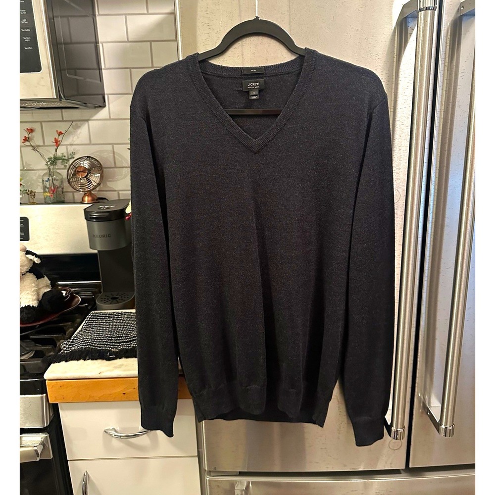 J.CREW Men's Gray Merino Wool V-Neck Slim Knit Pullover Sweater M